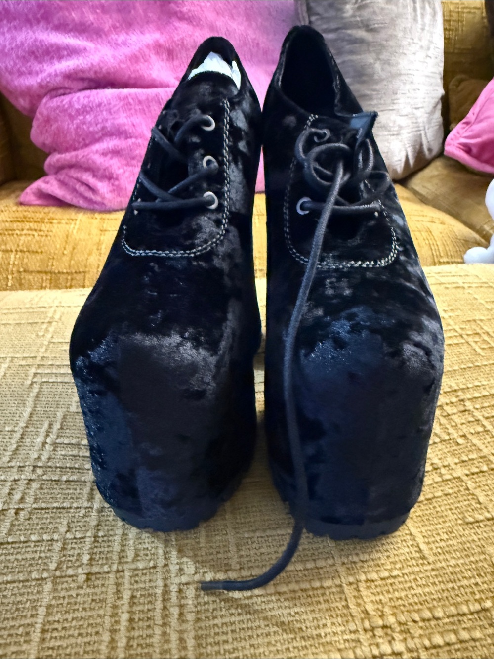 Dolls Kill Navy Blue Crushed Velvet Platform Lace-Up Heels - Picture 5 of 6